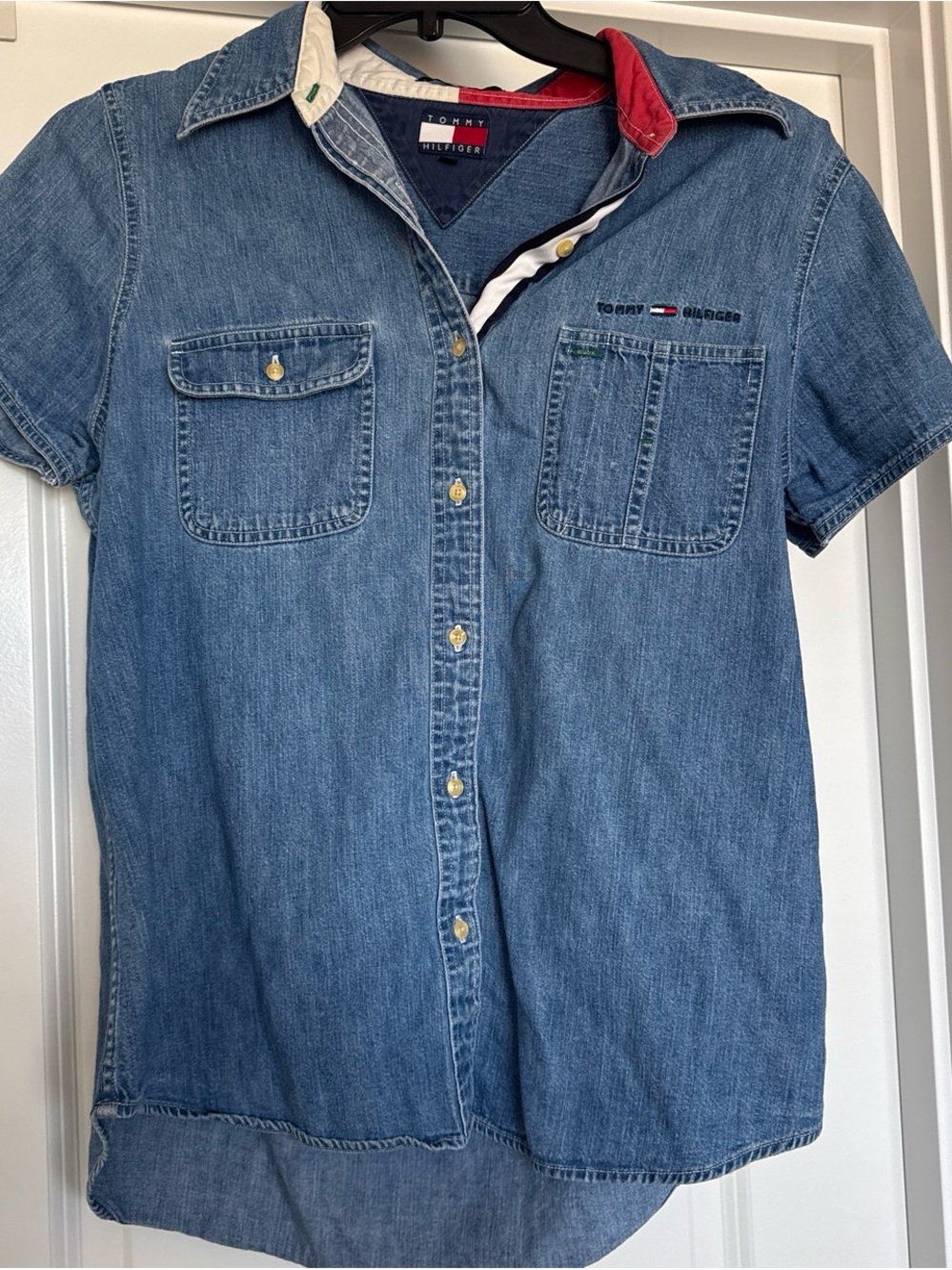 Tommy Hilfiger Vintage Denim Short-Sleeve Button-Down Shirt with Flag Detail